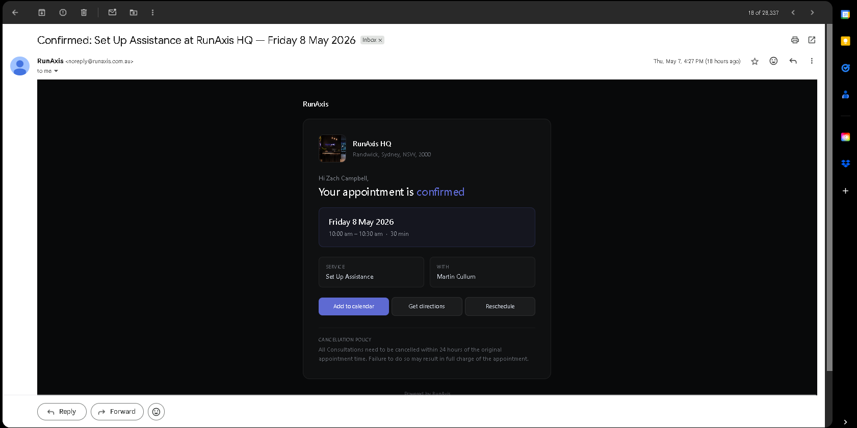RunAxis booking confirmation email